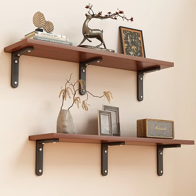Wooden Wall Shelves with Black Metal Brackets Holding Books Decorative Items and Photo Frames 3d model