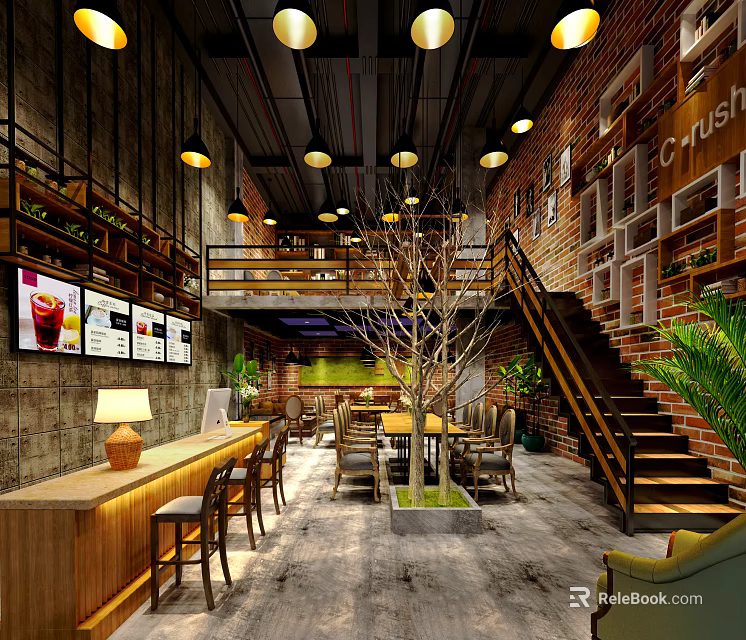 Cozy Café Interior With Brick Walls Wooden Staircase Pendant Lights And Green Plants 3d model 