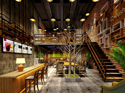 Cozy Café Interior With Brick Walls Wooden Staircase Pendant Lights And Green Plants 3d model