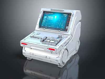 Futuristic White Mobile System Console With Blue Digital Screen And Wheels 3d model