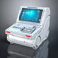 Futuristic White Mobile System Console With Blue Digital Screen And Wheels