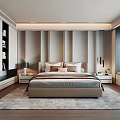 Modern Bedroom Interior With Large Bed Decorative Wall Nightstands And Area Rug