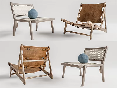 Modern Lounge Chairs With Wooden Frame Woven And Leather Design And Blue Decorative Ball 3d model