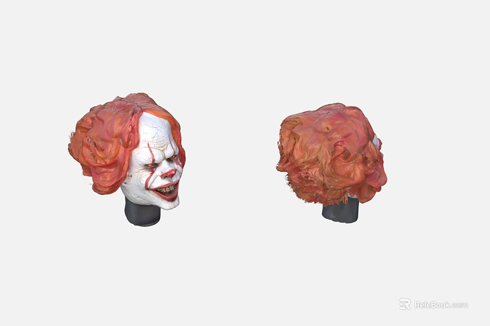 Clown Mask Decorative Ornament Set with Red Curly Hair and White Face Front Back View 3d model 