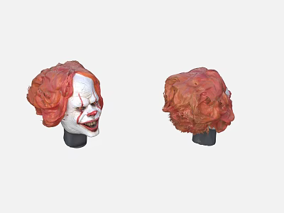 Clown Mask Decorative Ornament Set with Red Curly Hair and White Face Front Back View 3d model