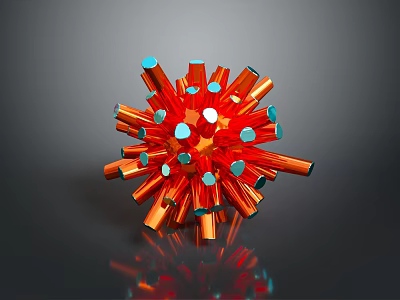 Red Orange 3D Viral Structure with Blue Dots and Spiked Projections 3d model