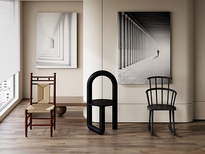 Modern and Traditional Accent Chairs with Curved Frame Woven Seat in Interior with Artwork 3d model