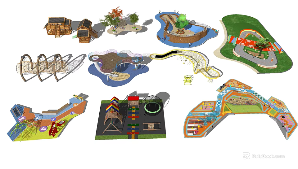 Various Playground Equipment Designs Including Slides Climbing Frames And Wooden Structures 3d model
