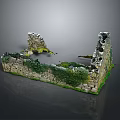 Scenic Natural Landscape With Ruined Stone Walls Covered In Lush Green Moss