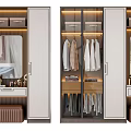 Modern Wardrobe Interior Design With Mirror Hanging Clothes Storage Boxes And Stool 3d model