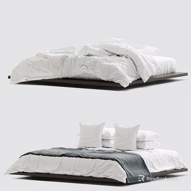 Modern Double Bed Interior Design With White Linens And Stacked Pillows 3d model 
