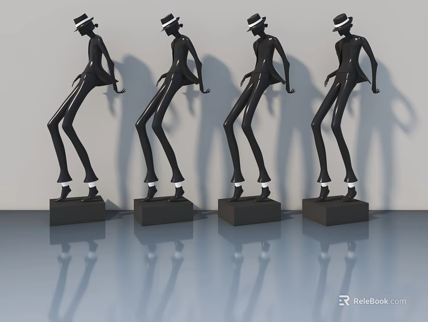 Four Black Humanoid Sculptures With Hats On Black Bases And Reflective Floor 3d model 