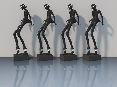Four Black Humanoid Sculptures With Hats On Black Bases And Reflective Floor 3d model
