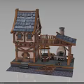 Traditional Village Cottage Building With Red Roof Blue Tiles Balcony Chimney Oven And Wooden Cart