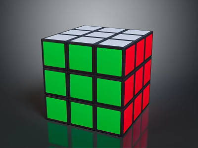 Rubik's Cube With Green Red White Faces And Black Borders On Reflective Surface 3d model