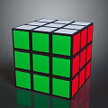 Rubik's Cube With Green Red White Faces And Black Borders On Reflective Surface