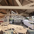 Modern Café Interior With Wooden Beams Open Space And Natural Light