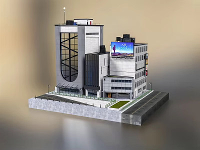 Modern Architectural Model Showcasing High Rise Glass Building Large Screen Base Platform And Greenery 3d model