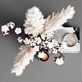 Cotton pampas grass in white gold zigzag pattern vase with wooden disc small bowl home interior