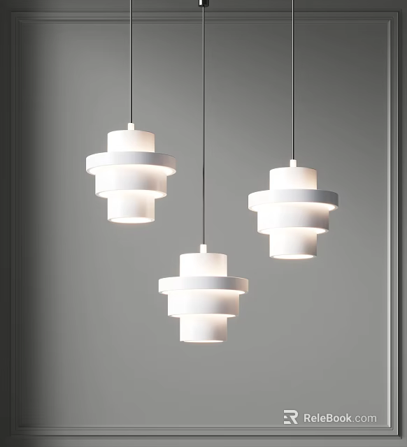 Three White Modern Layered Pendant Lights Hanging In Gray Interior Design 3d model 