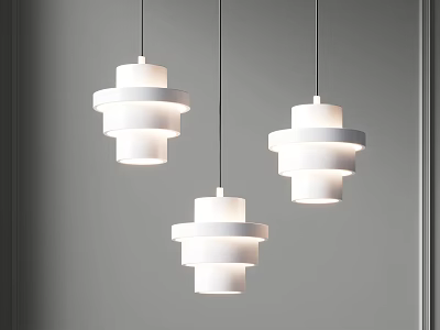 Three White Modern Layered Pendant Lights Hanging In Gray Interior Design 3d model