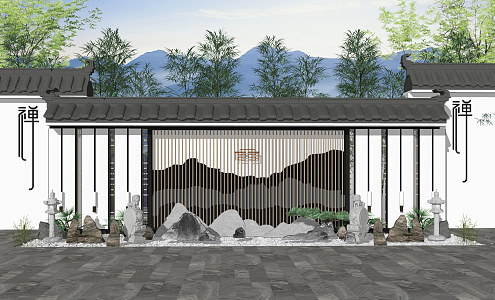 New Chinese style landscape sketch Zen landscape wall villa courtyard landscape sketch 3d model