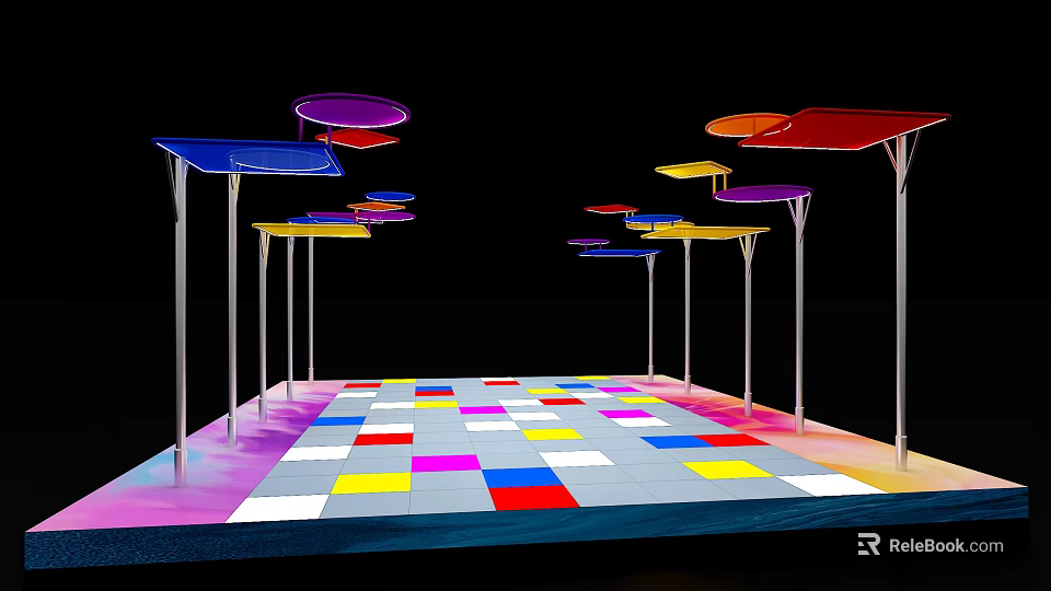 Colorful Umbrella Shaped Sculptures on Vibrant Square Patterned Floor with Black Background 3d model