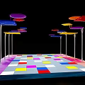 Colorful Umbrella Shaped Sculptures on Vibrant Square Patterned Floor with Black Background 3d model
