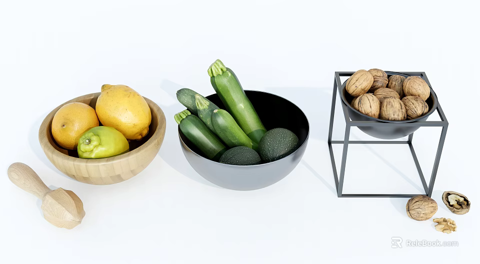 Fresh Fruits in Wooden Bowl Black Bowl and Metal Stand with Lemons Limes Avocados 3d model 