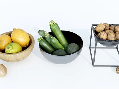 Fresh Fruits in Wooden Bowl Black Bowl and Metal Stand with Lemons Limes Avocados 3d model
