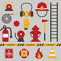 Fire Safety Equipment Silhouettes With Helmet Extinguisher Hydrant Ladder Caution Tape And Flame Icons