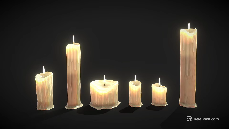 Lit Candle Lamps with Melted Wax Glowing Flames and Various Sizes Shapes on Dark Background 3d model 