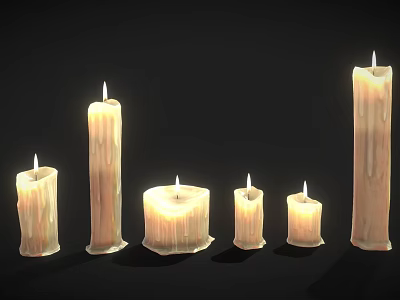 Lit Candle Lamps with Melted Wax Glowing Flames and Various Sizes Shapes on Dark Background 3d model
