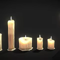Lit Candle Lamps with Melted Wax Glowing Flames and Various Sizes Shapes on Dark Background