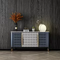Modern Entryway Console Cabinet With Geometric Pattern Metal Handles And Decorative Vase Plant Lamp