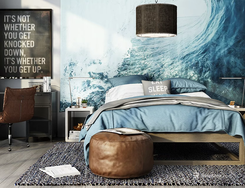 Background Bed Featuring Blue Wave Wallpaper Gray Blue Bedding Wooden Frame And Black Pendant Lamp 3d model 