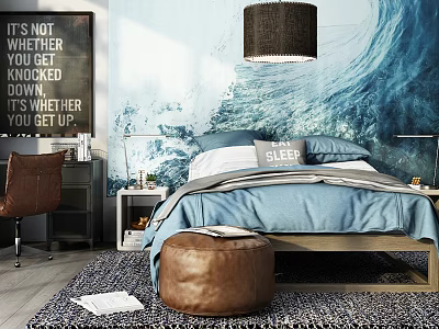 Background Bed Featuring Blue Wave Wallpaper Gray Blue Bedding Wooden Frame And Black Pendant Lamp 3d model