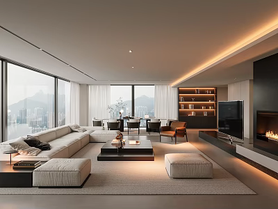 Modern Elegant Open Plan Living And Dining Room With Panoramic City View And Cozy Fireplace 3d model