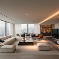 Modern Elegant Open Plan Living And Dining Room With Panoramic City View And Cozy Fireplace