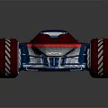 Futuristic Red And Blue Race Car With Large Wheels And Aerodynamic Exterior Design
