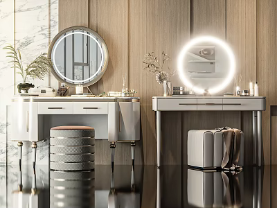 Modern Dressing Table with Round Mirror Backlit Design Marble Wooden Wall Stool Cosmetics and Shiny Floor 3d model
