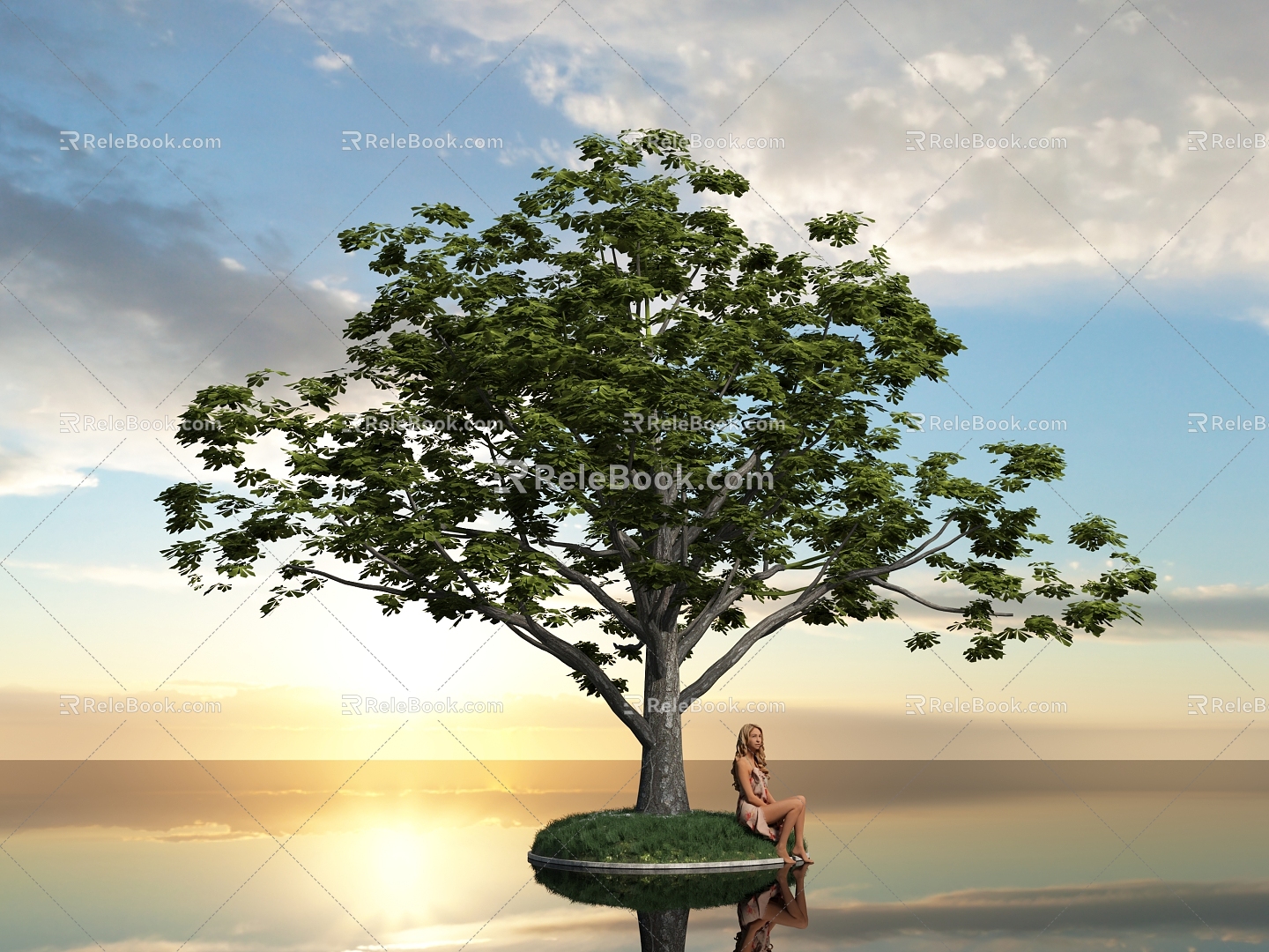 Buckeye Tree Tree Woman Figure Sitting Posture Greening Street Tree Forest Garden Plant Grass Turf 3d model