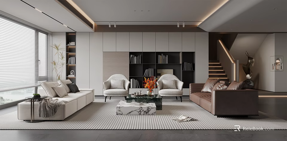Modern Living Room Interior With Sofas Armchairs And Marble Coffee Table 3d model 