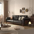 Black Leather Tufted Three Seater Sofa With Wooden Legs And Decorative Pillows In Living Room