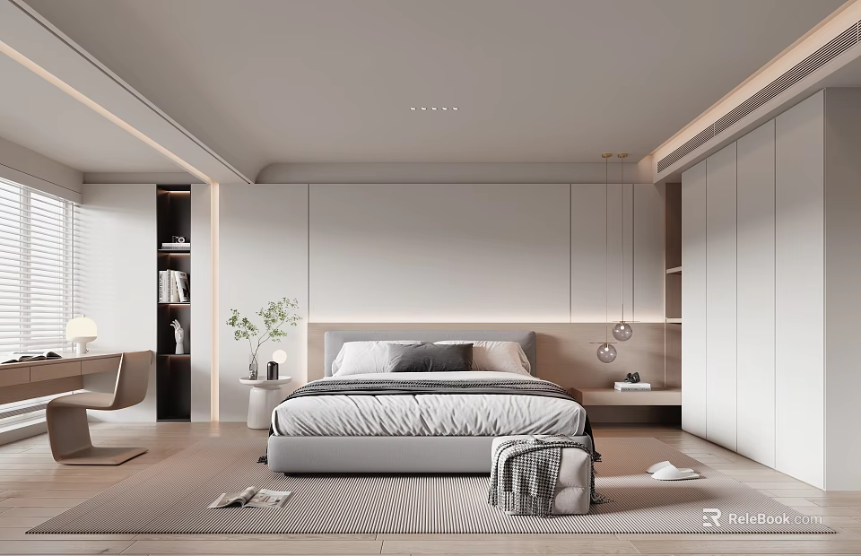 Modern Bedroom Interior Design With Bedside Table Pendant Lights Bookshelf And Rug 3d model 