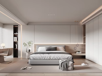 Modern Bedroom Interior Design With Bedside Table Pendant Lights Bookshelf And Rug 3d model