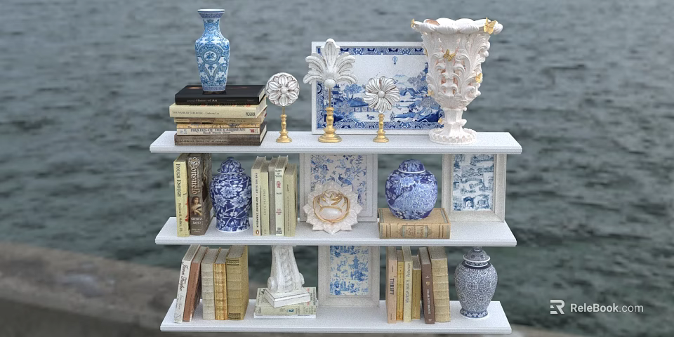 Decorative Ornament Set With Blue White Vases Gold Candle Holders Books Plates On Tiered Shelf 3d model 