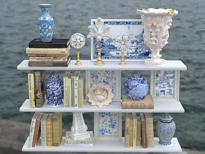 Decorative Ornament Set With Blue White Vases Gold Candle Holders Books Plates On Tiered Shelf 3d model