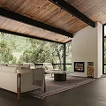 Modern Living Room With Brown Leather Sofa Large Windows Forest View Wooden Ceiling And Fireplace
