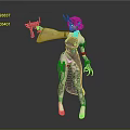 3D Female Character Model With Horns Holding Gun In Black Green Outfit And High Heels